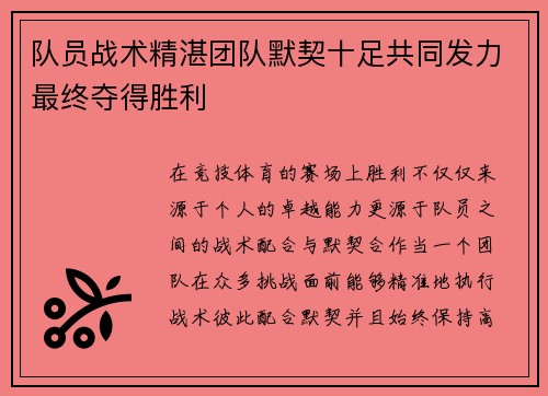 队员战术精湛团队默契十足共同发力最终夺得胜利