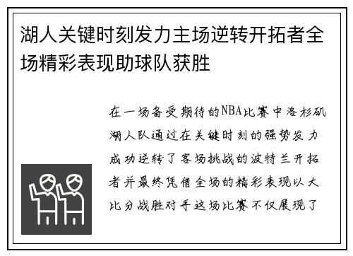 湖人关键时刻发力主场逆转开拓者全场精彩表现助球队获胜