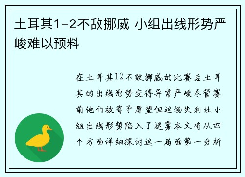 土耳其1-2不敌挪威 小组出线形势严峻难以预料