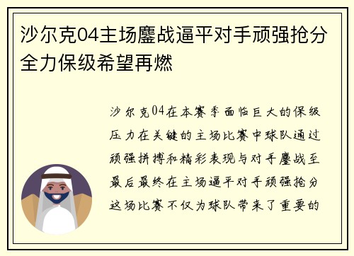 沙尔克04主场鏖战逼平对手顽强抢分全力保级希望再燃
