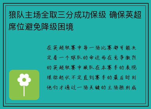 狼队主场全取三分成功保级 确保英超席位避免降级困境