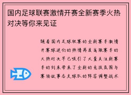 国内足球联赛激情开赛全新赛季火热对决等你来见证