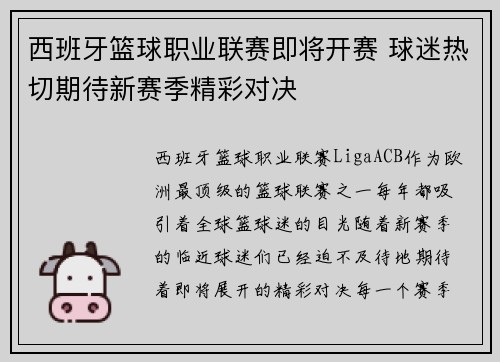 西班牙篮球职业联赛即将开赛 球迷热切期待新赛季精彩对决