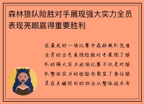 森林狼队险胜对手展现强大实力全员表现亮眼赢得重要胜利