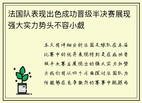 法国队表现出色成功晋级半决赛展现强大实力势头不容小觑